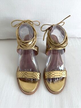Jeffrey Campbell for Free People Gold Lace Up Block Heel Sandals